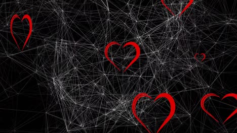 Multiple-red-heart-icons-and-network-of-connections-against-black-blue-background