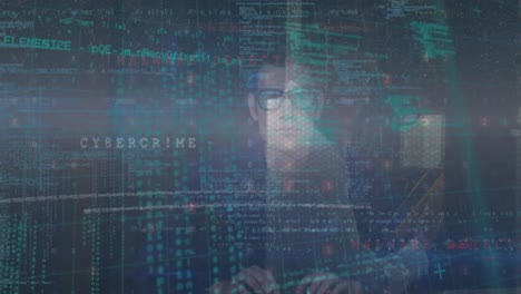 Animation-Der-Cybersicherheitsdatenverarbeitung-über-Dem-Porträt-Eines-Männlichen-Hackers-Mit-Laptop