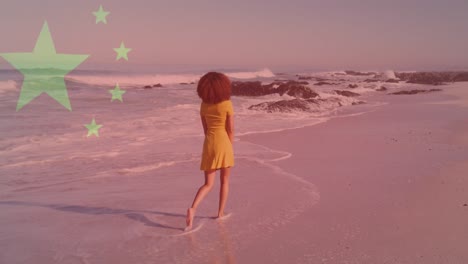 Composite-video-of-chinese-flag-against-rear-view-of-african-american-woman-walking-on-the-beach