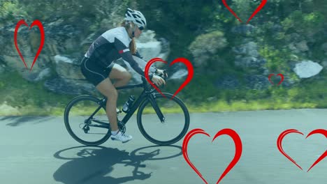 Animation-of-heart-icons-over-caucasian-female-cyclist-cycling