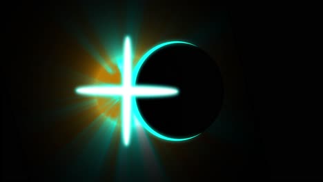 Animation-of-glowing-cross-and-green-eclipse-circle-over-black-background