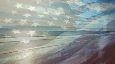 Zusammengesetztes-Video,-In-Dem-Die-Amerikanische-Flagge-Gegen-Strand-Und-Meereswellen-Schwenkt
