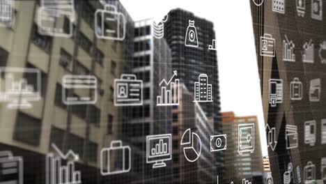Multiple-digital-icons-moving-against-tall-buildings-in-background