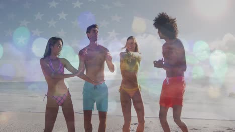 Animation-of-american-flag-over-diverse-friends-at-beach