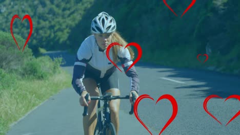 Animation-of-heart-icons-over-caucasian-female-cyclist-cycling