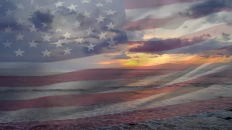 Vídeo-Compuesto-De-Ondear-La-Bandera-Estadounidense-Contra-Las-Olas-De-La-Playa-Y-El-Mar