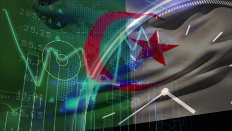 Animation-of-financial-data-processing-and-clock-over-flag-of-algeria