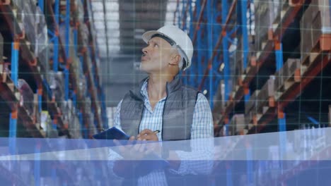 Animation-of-lines-over-senior-caucasian-warehouse-worker