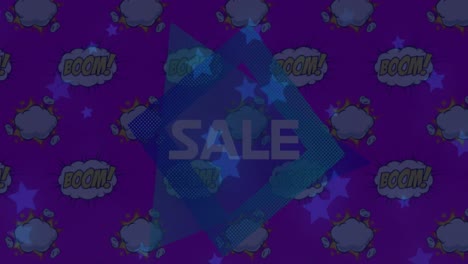 Stars-icons-and-sale-text-banner-against-multiple-boom-text-banners-on-purple-background
