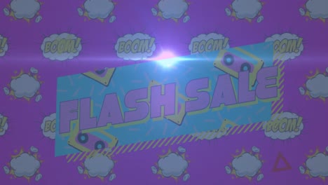 Animation-of-flash-sale-and-falling-boom-text-over-purple-background