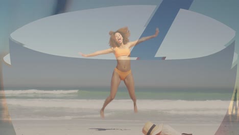 Animation-of-banner-with-copy-space-over-african-american-woman-jumping-at-the-beach