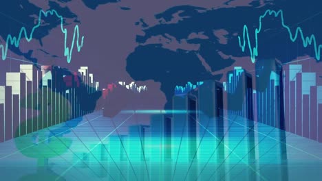 Animación-De-Datos-Financieros-Y-Gráficos-Sobre-Pantalla-Digital-Azul-Y-Verde-Con-Mapa-Mundial