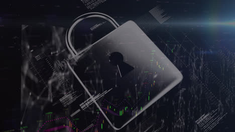 Animation-of-data-data,-financial-graphs-and-digital-padlock-on-navy-background