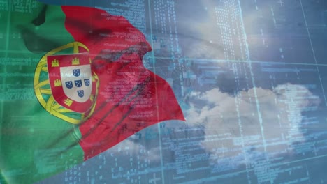 Animation-of-flag-of-portugal-waving-over-data-processing-and-sky-with-clouds