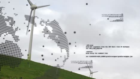Animation-of-data-processing-and-spinning-globe-over-windmill-against-blue-sky