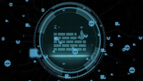 Cybersicherheitstext-über-Rundem-Scanner-Und-Netzwerk-Digitaler-Symbole-Vor-Schwarzem-Hintergrund