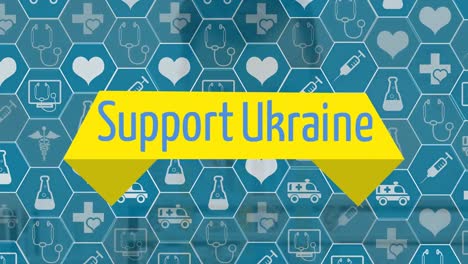 Animation-of-medical-icons-and-support-ukraine-text-over-scientist