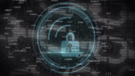 Cybersicherheitstext-über-Rundscanner-Gegen-Netzwerk-Von-Geschäftskonzepttexten-Und-Sicherheitskette