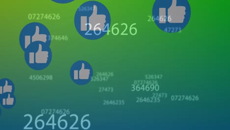 Animation-of-social-media-reactions-and-changing-numbers-floating-over-green-background