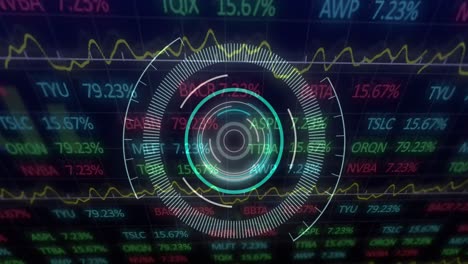 Round-scanner-over-stock-market-data-processing-against-blue-background