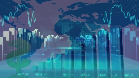 Animation-of-financial-graphs-and-world-map-on-blue-and-navy-background