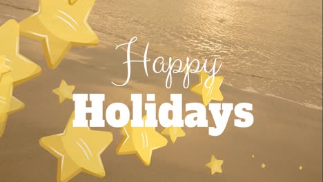 Happy-holidays-text-banner-and-multiple-yellow-star-icons-against-aerial-view-of-a-beach