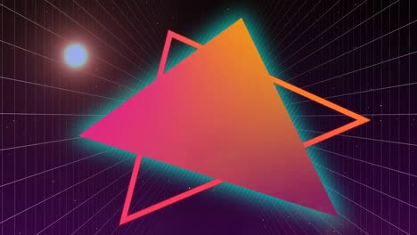 Animation-of-orange-and-pink-triangles-in-digital-space