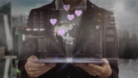 Animation-of-pink-hearts-and-data-processing-over-caucasian-businesswoman-with-tablet