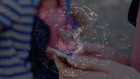 Animation-of-globe-made-of-connections-over-hands-of-caucasian-woman-using-smartphone