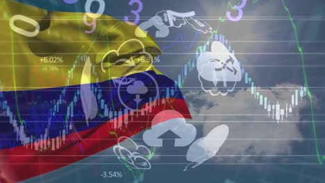 Animation-of-financial-data-processing-and-globe-with-numbers-over-flag-of-columbia