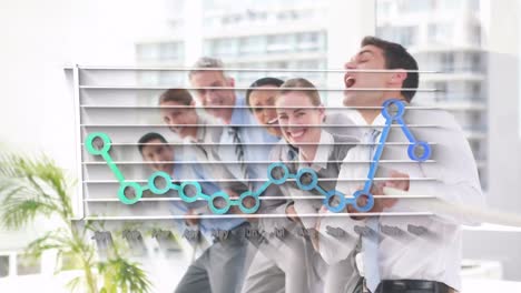 Animation-of-graphs-over-happy-diverse-businesspeople-pulling-rope