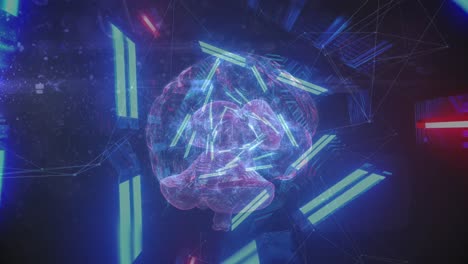 Animation-of-neon-lights-rotating-over-brain-on-navy-background