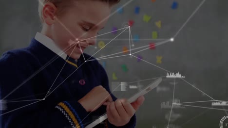 Animation-of-natwork-of-connections-over-caucasian-schoolboy-using-smartphone