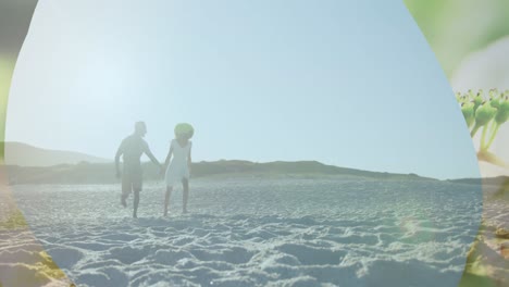 Animation-of-frame-over-happy-african-american-couple-running-on-beach
