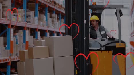 Animation-of-heart-icons-over-caucasian-male-worker-in-turret-truck-in-warehouse