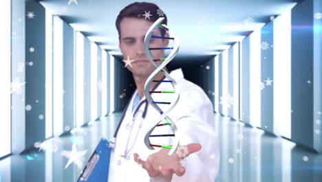Animation-of-shapes-and-dna-strand-over-caucasian-male-doctor