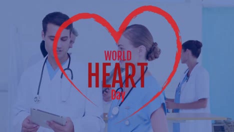 Animación-Del-Texto-Del-Día-Mundial-Del-Corazón-Sobre-Diversos-Médicos-Hablando