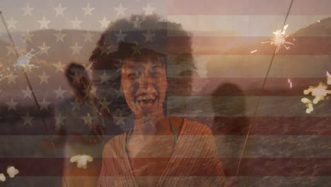 Animation-of-flag-of-usa-and-landscape-over-african-american-woman
