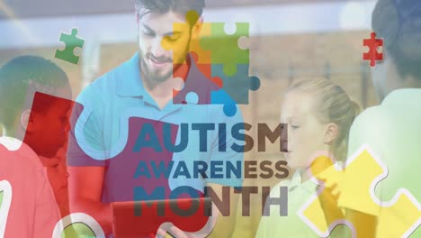 Animation-of-colorful-puzzles-and-autism-awareness-month-over-caucasian-man-and-diverse-children