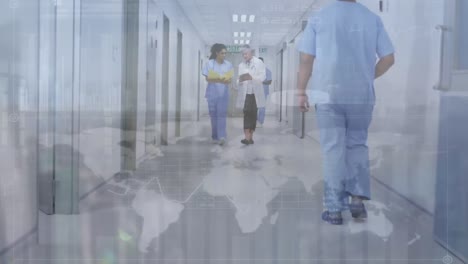 Animation-of-world-map-over-diverse-doctors-walking-on-hospital-corridor