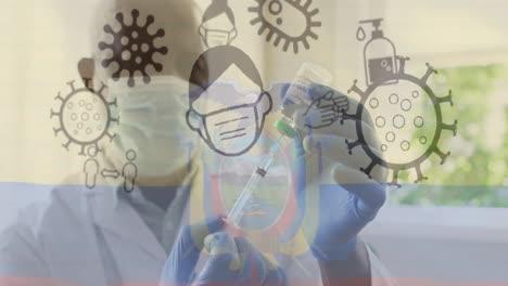 Animation-Von-Viruszellen-Und-Symbolen-über-Einem-Afroamerikanischen-Männlichen-Arzt-In-Gesichtsmaske-Mit-Impfstoff