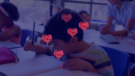 Animation-of-red-hearts-over-diverse-schoolchildren-and-techer-in-classroom