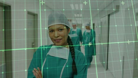 Animation-of-grid-network-over-portrait-of-biracial-female-surgeon-with-arms-crossed-smiling