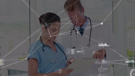 Animation-of-network-of-connections-over-diverse-female-and-male-doctors