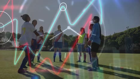 Animation-of-data-processing-over-diverse-female-and-male-soccer-players-playing-match