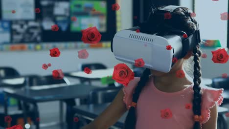 Animation-Von-Rosensymbolen-über-Einem-Birazialen-Mädchen-Mit-VR-Headset
