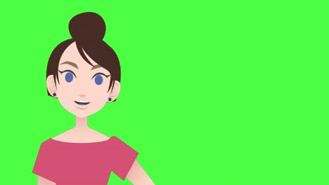 Animation-Einer-Kaukasischen-Brünetten-Cartoon-Frau,-Die-Auf-Grünem-Hintergrund-Mit-Kopierraum-Spricht