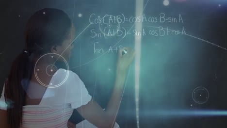 Animation-of-connections-and-data-over-african-american-girl-writing-math-formulas-on-blackboard