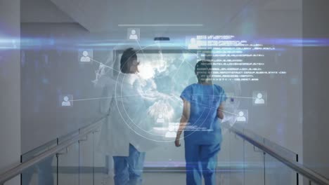 Animation-of-data-processing-over-female-nurse-and-doctor-running