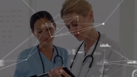 Animation-of-network-of-connections-over-diverse-female-doctors